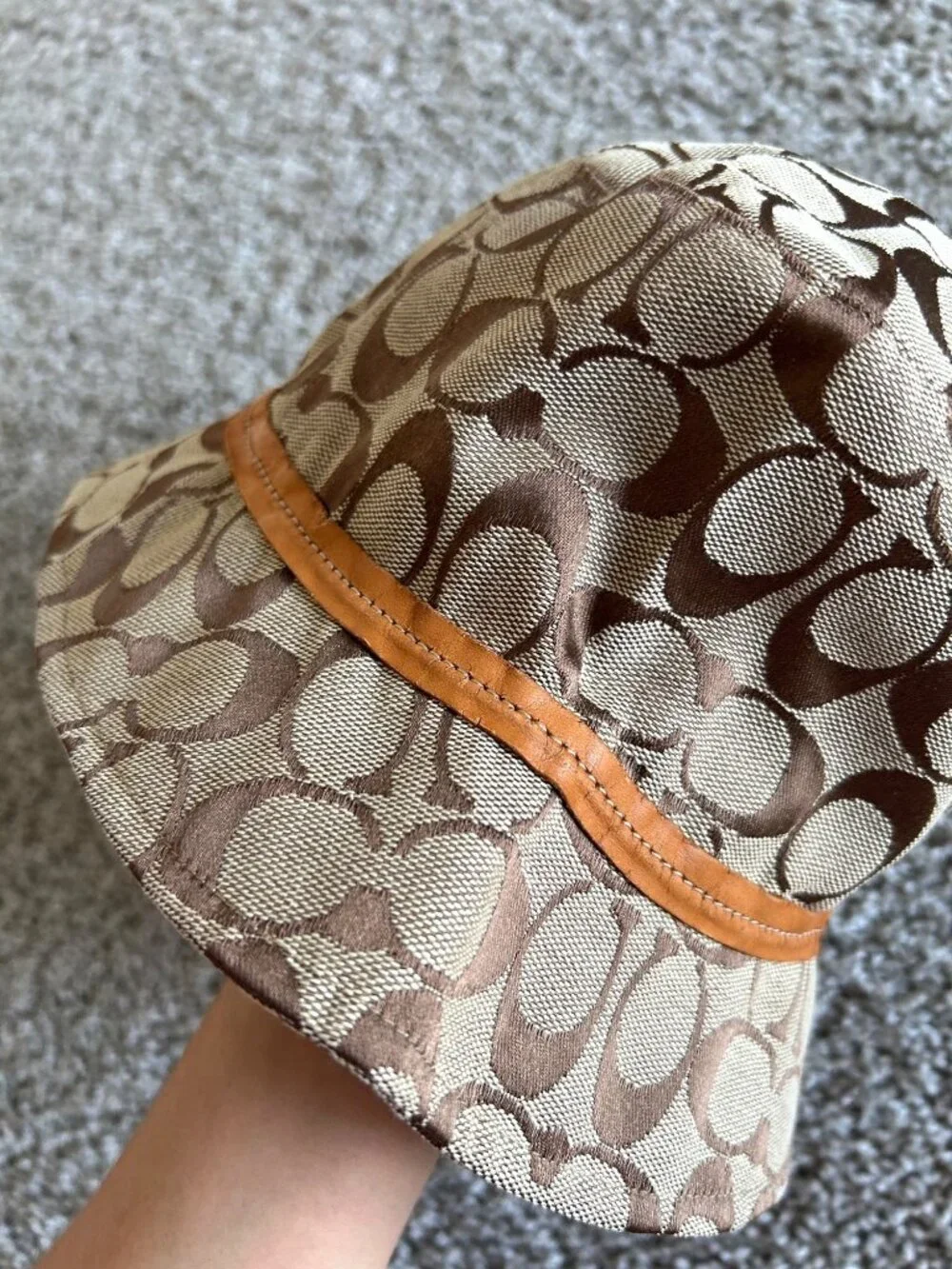Coach Y2K Unisex Small Tan Signature Pattern Bucket Hat With Leather Trim